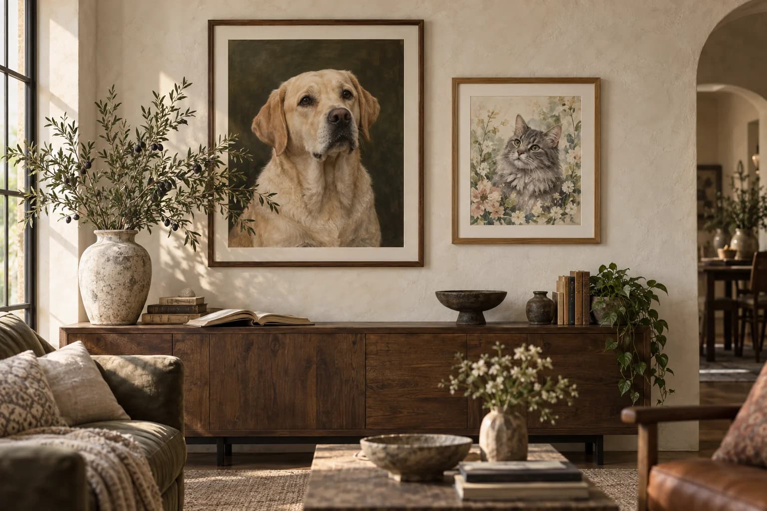 Illustrative room with framed dog and cat portraits above a walnut sideboard