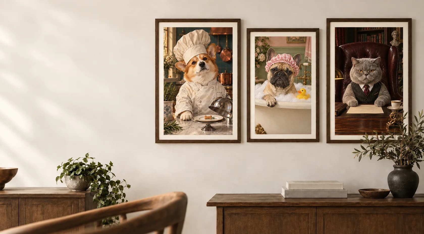 Illustrative gallery of three framed pet portraits in a warm home